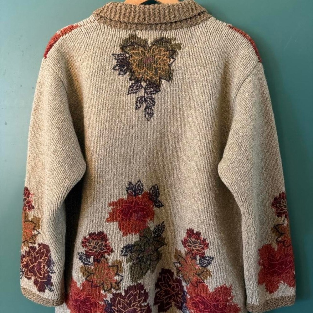 Vintage LL Bean Autumn Leaves Wool Silk Cardigan Sweater Womens Medium 90s Tan - Picture 2 of 5